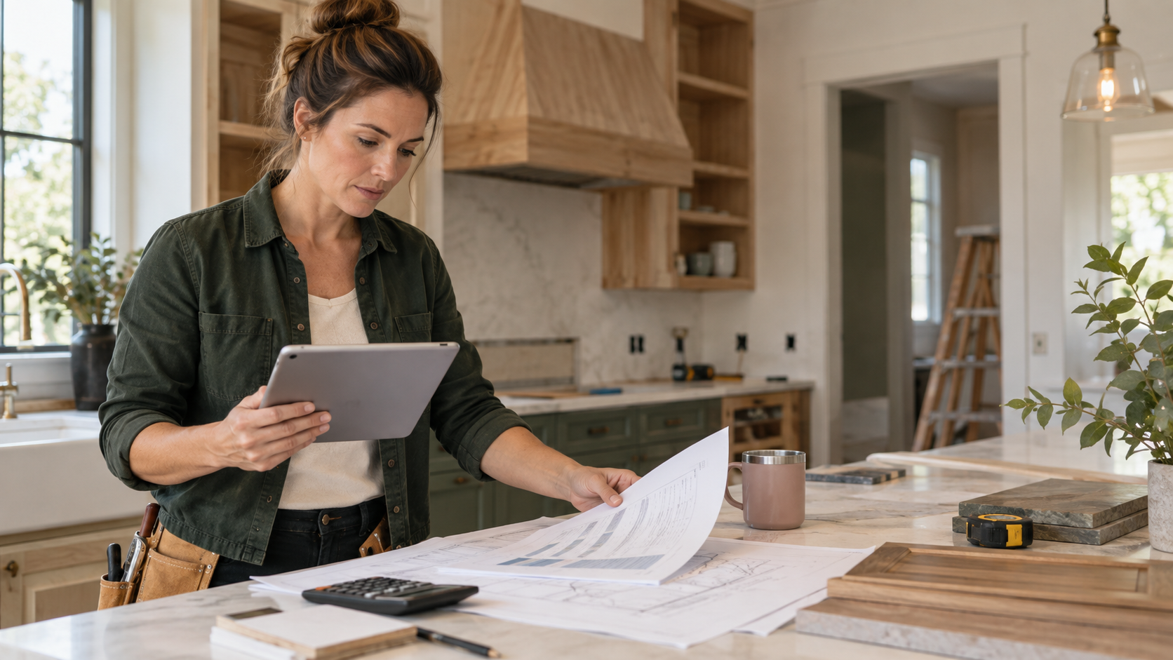 A woman contractor reviewing a project estimate at a renovation site